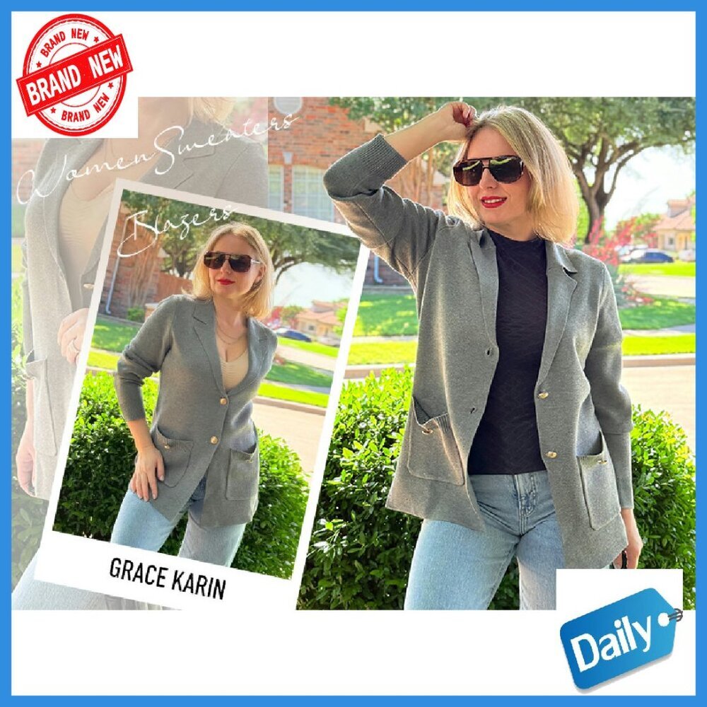 Soft Knit Blazer Cardigan Open Front Pockets Work Casual Fall Essential - Picture 8 of 8